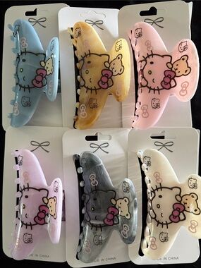 Hello Kitty Hair Claw Clips - Pastel Pink, Blue, Yellow, Gray, Cream Set Of 6